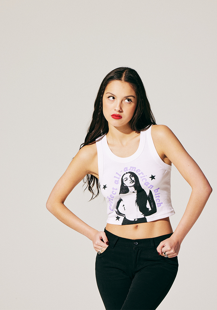 Olivia in perfect all-american bitch crop tank in white