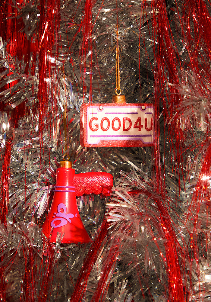 'good 4 u' license plate ornament + olivia's megaphone ornament