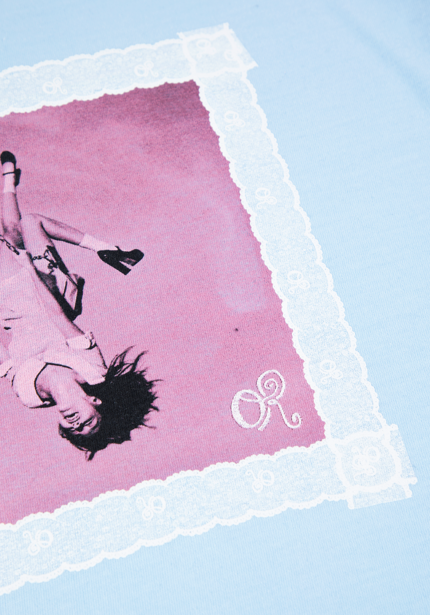 lace album cover oversized blue t-shirt front detail